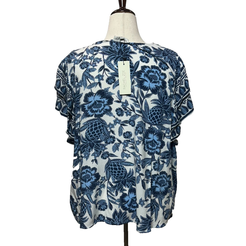 Rachel‎ & Zoe Top Womens 2X Blue White Floral Tropical Flutter Sleeve Beachy NWT - Picture 2 of 11